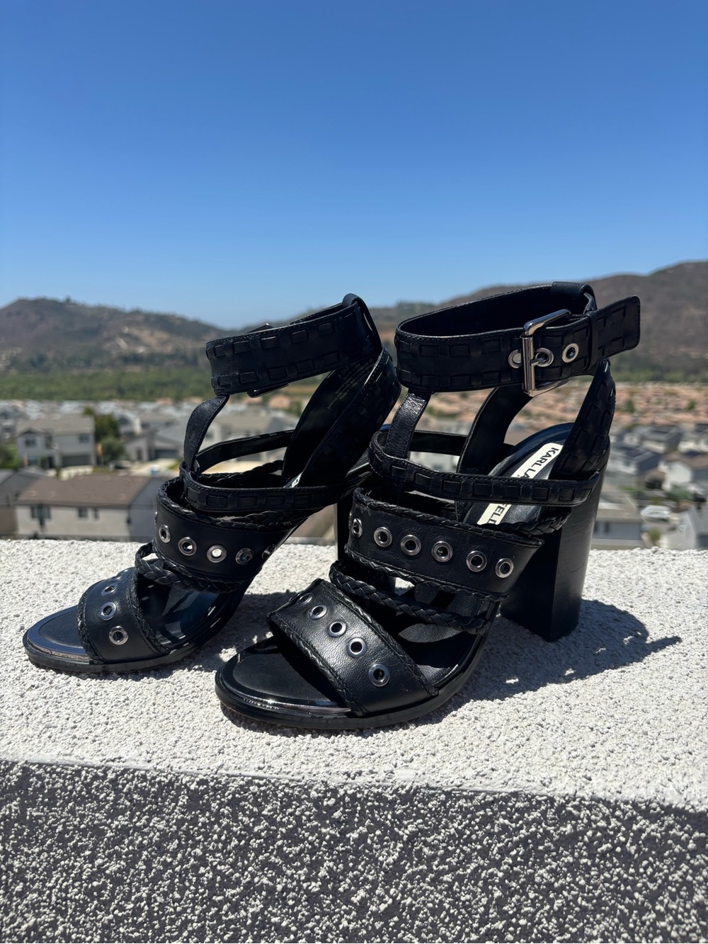 Karl Lagerfeld Paris Black Grommet Strappy Block Heel Sandals